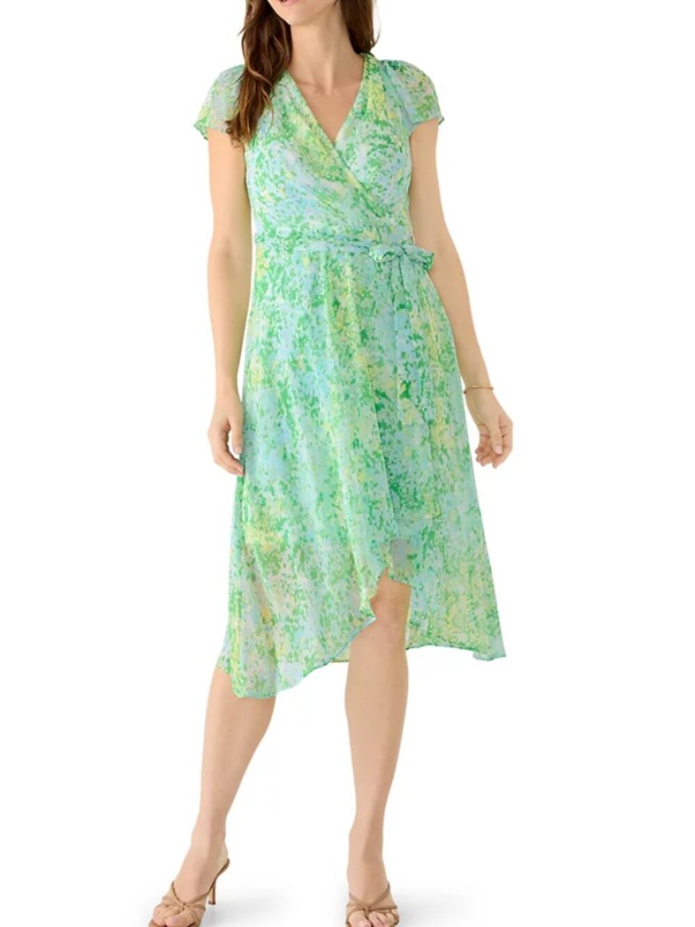 DKNY Green Floral Chiffon Faux Wrap High-Low Midi Dress Size 12
